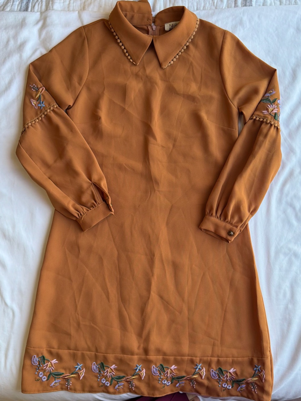 Women's Embroidered Collared Shift Dress - Rust Color - Picture 3 of 10